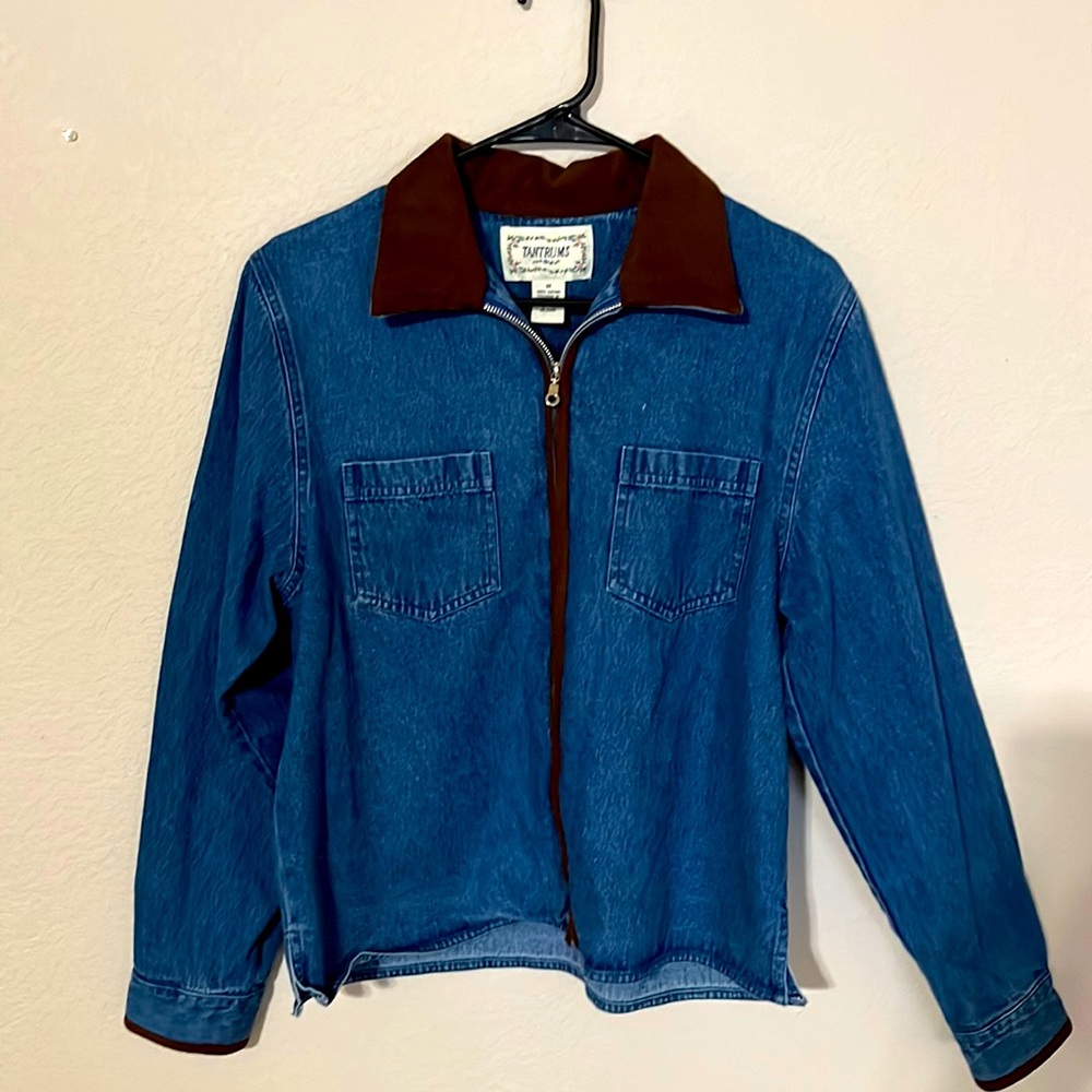 Tantrums Brand denim shirt/jacket. Zipper front, suede collar and cuffs.